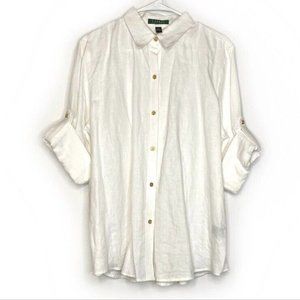 Lauren Ralph Lauren Gold Button Down Linen Shirt Size L White Lightweight Collar